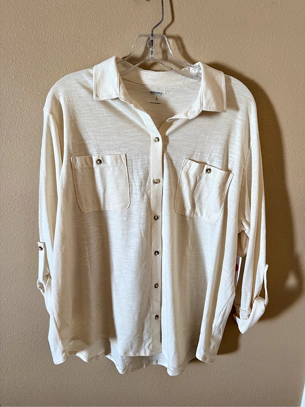 Sonoma Cream Slub Knit Button Up Shirt Roll Tab Sleeves Pockets Size L NWT